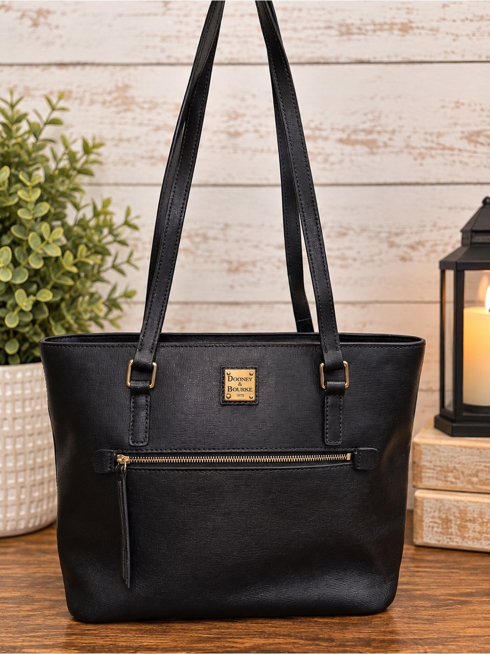 Dooney & Bourke Black Leather Tote with Front Zip Pocket